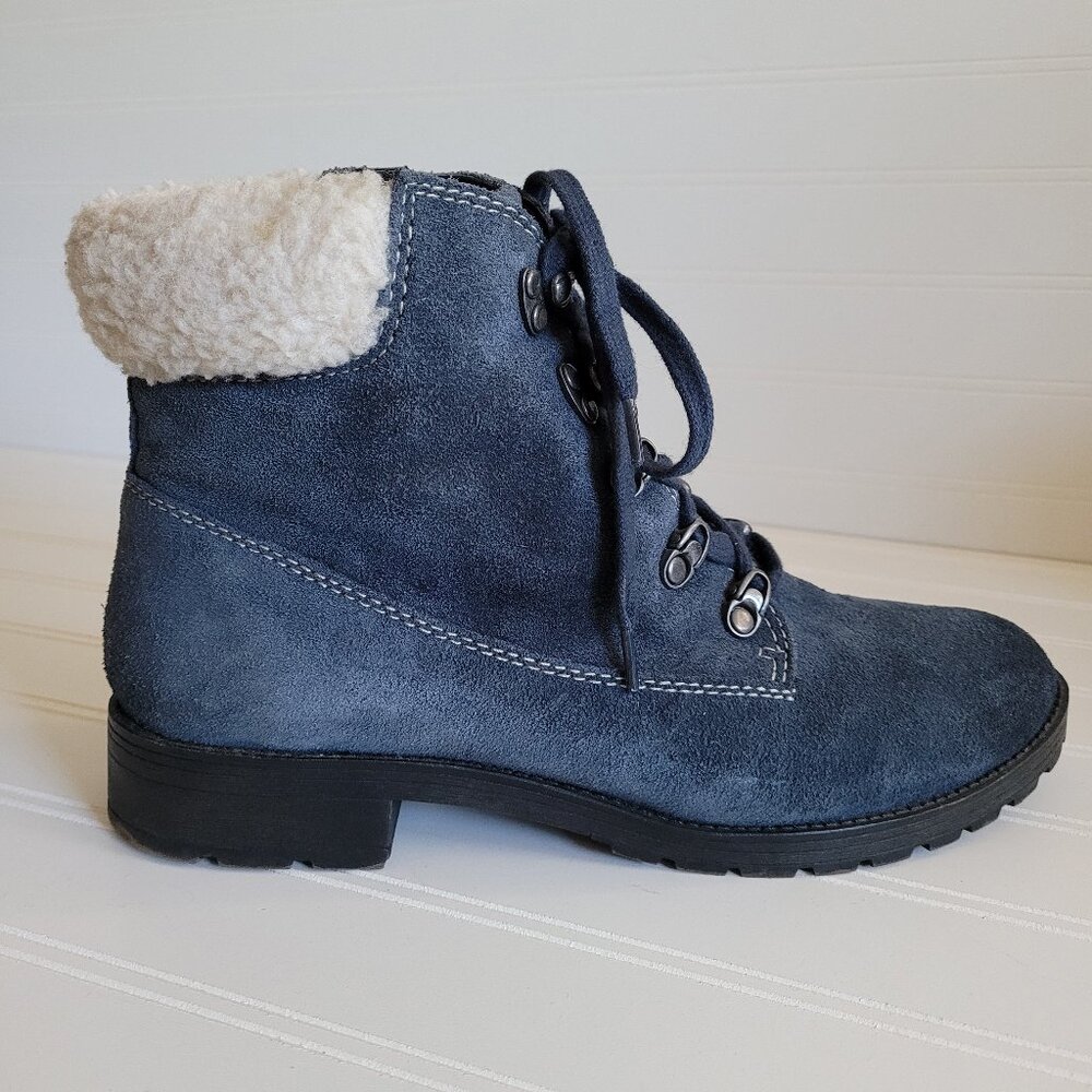 Naturalizer Ankle Boots Size 9.5W Blue Suede Lace Up Faux Shearling N5 Comfort